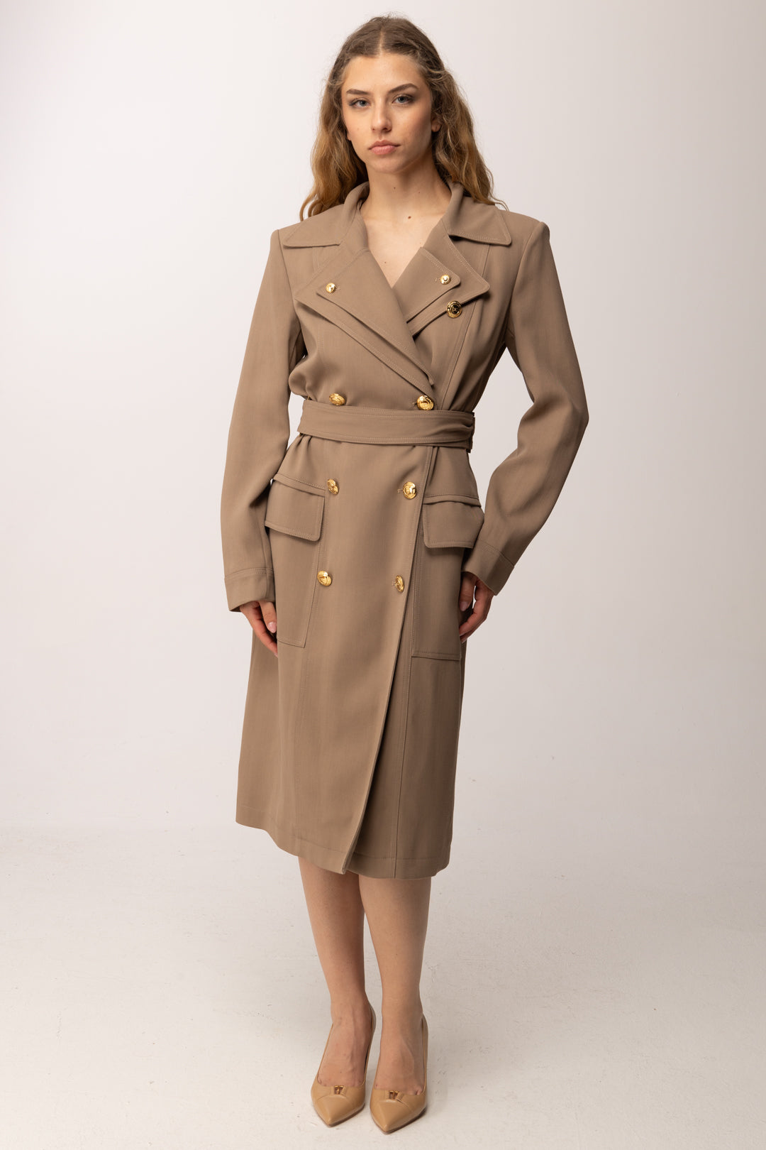 Elisabetta Franchi Trench In Gabardina con Rever Doppio SP00561E2 ARGILLA