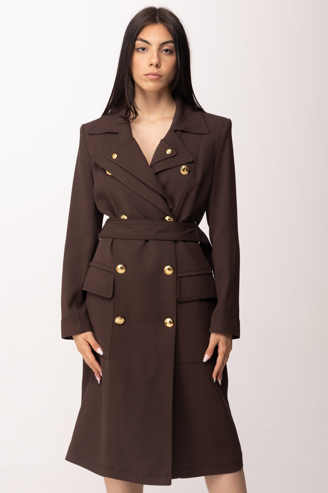 Elisabetta Franchi Trench In Gabardina con Rever Doppio SP00561E2 CACAO