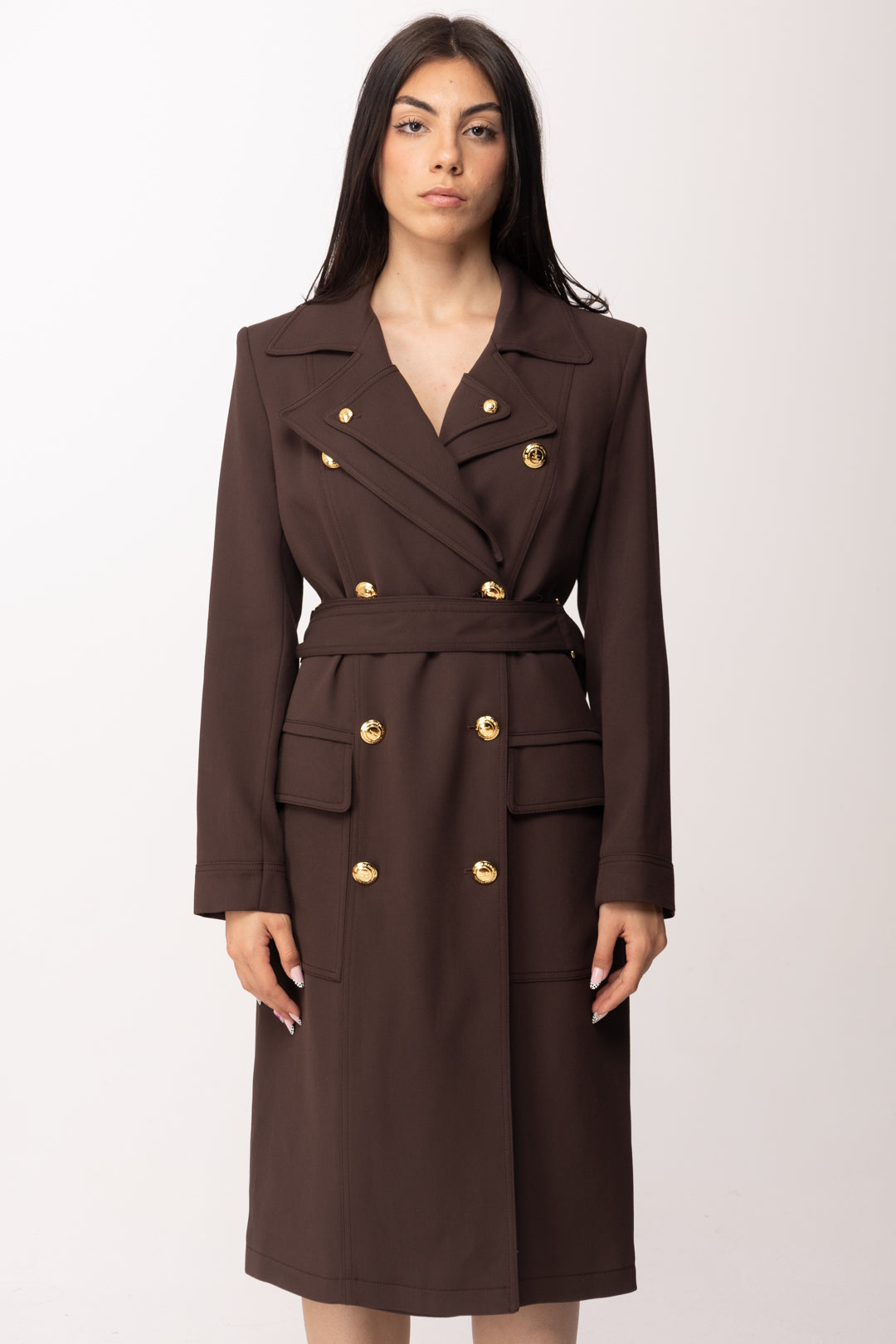 Elisabetta Franchi Trench In Gabardina con Rever Doppio SP00561E2 CACAO