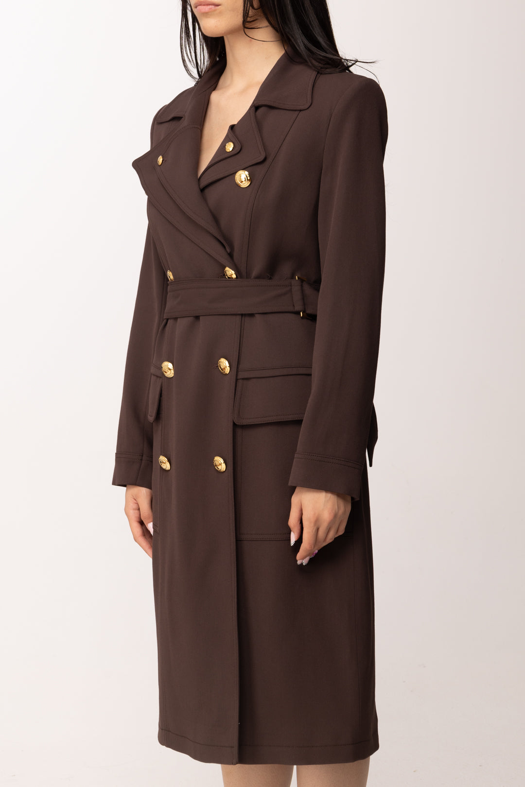 Elisabetta Franchi Trench In Gabardina con Rever Doppio SP00561E2 CACAO