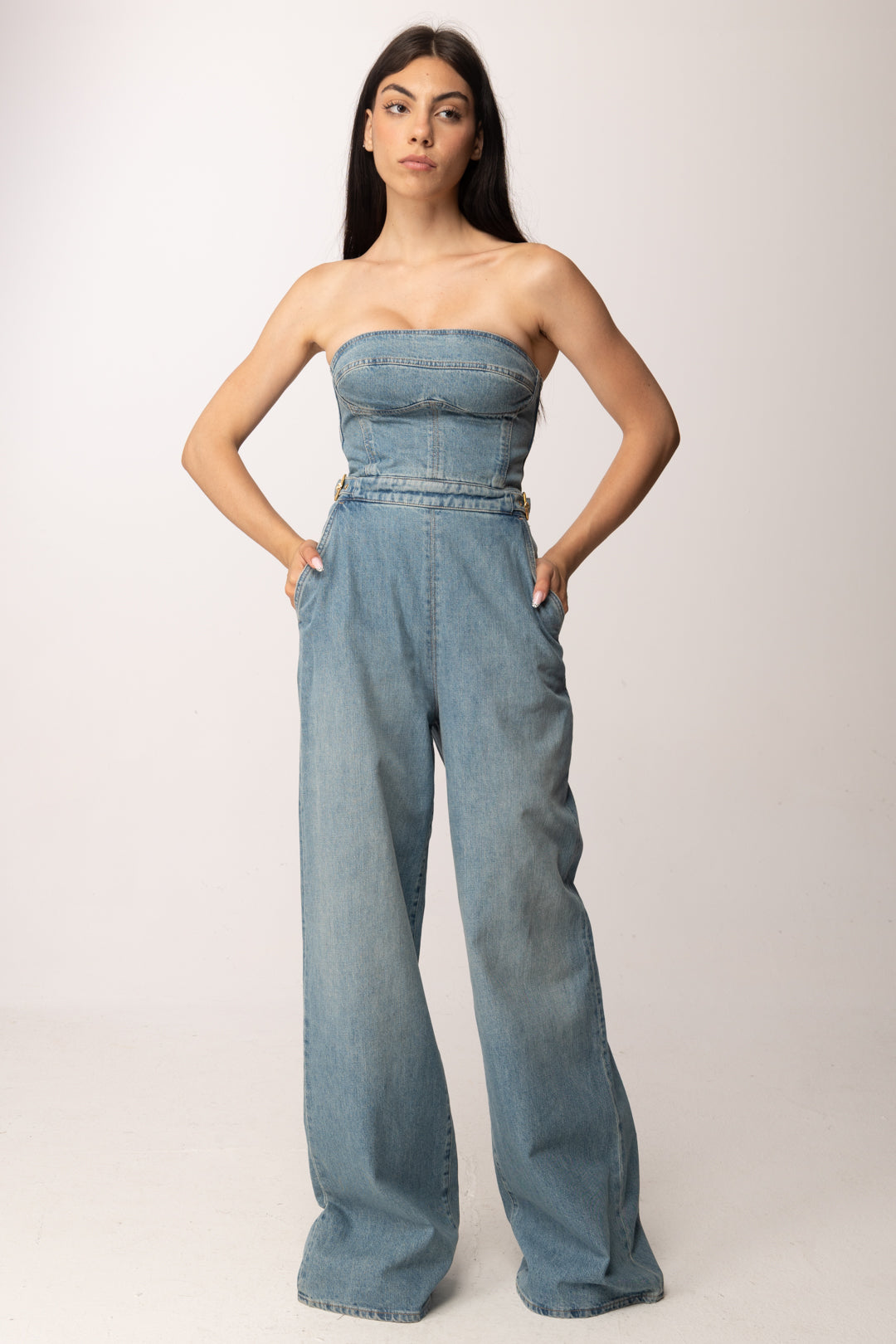 Elisabetta Franchi Tuta Bustier In Jeans con Fibbie TJ46I61E2 BLUE VINTAGE