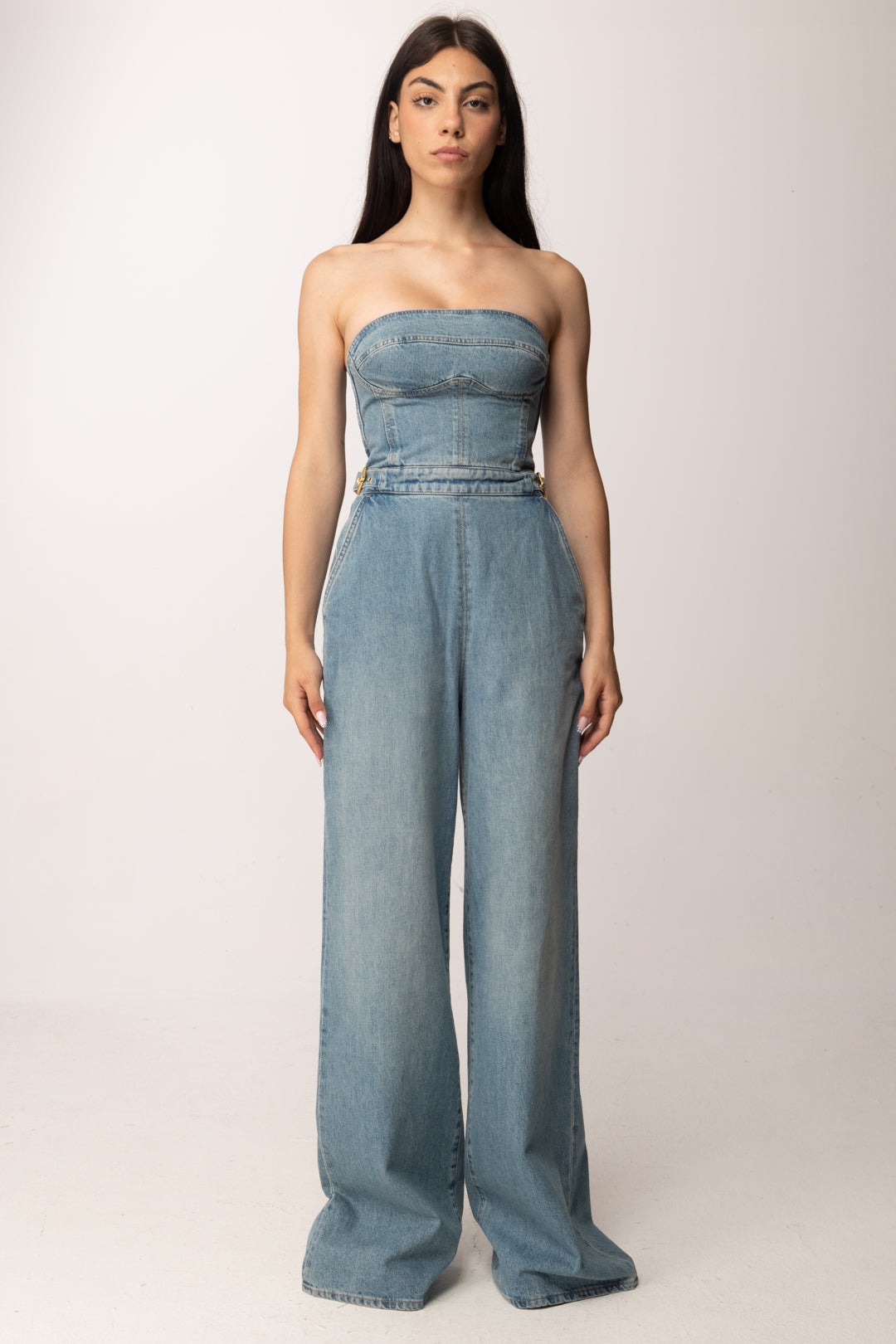 Elisabetta Franchi Tuta Bustier In Jeans con Fibbie TJ46I61E2 BLUE VINTAGE