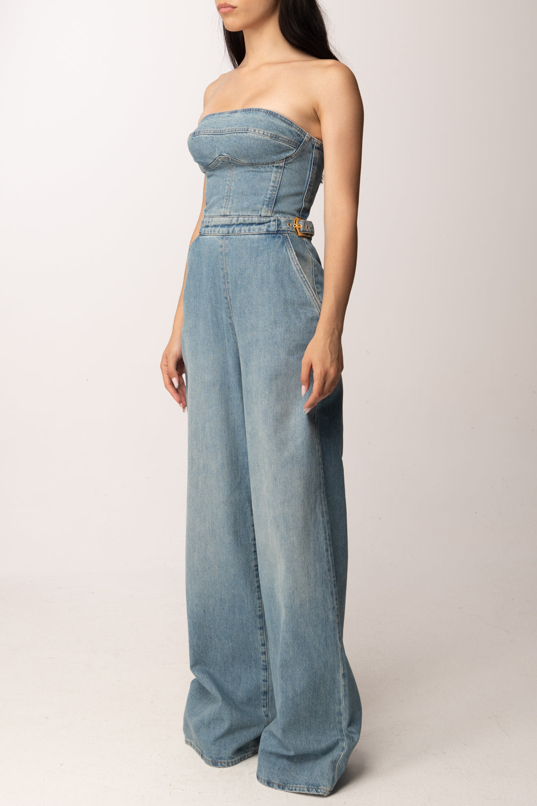 Elisabetta Franchi Tuta Bustier In Jeans con Fibbie TJ46I61E2 BLUE VINTAGE