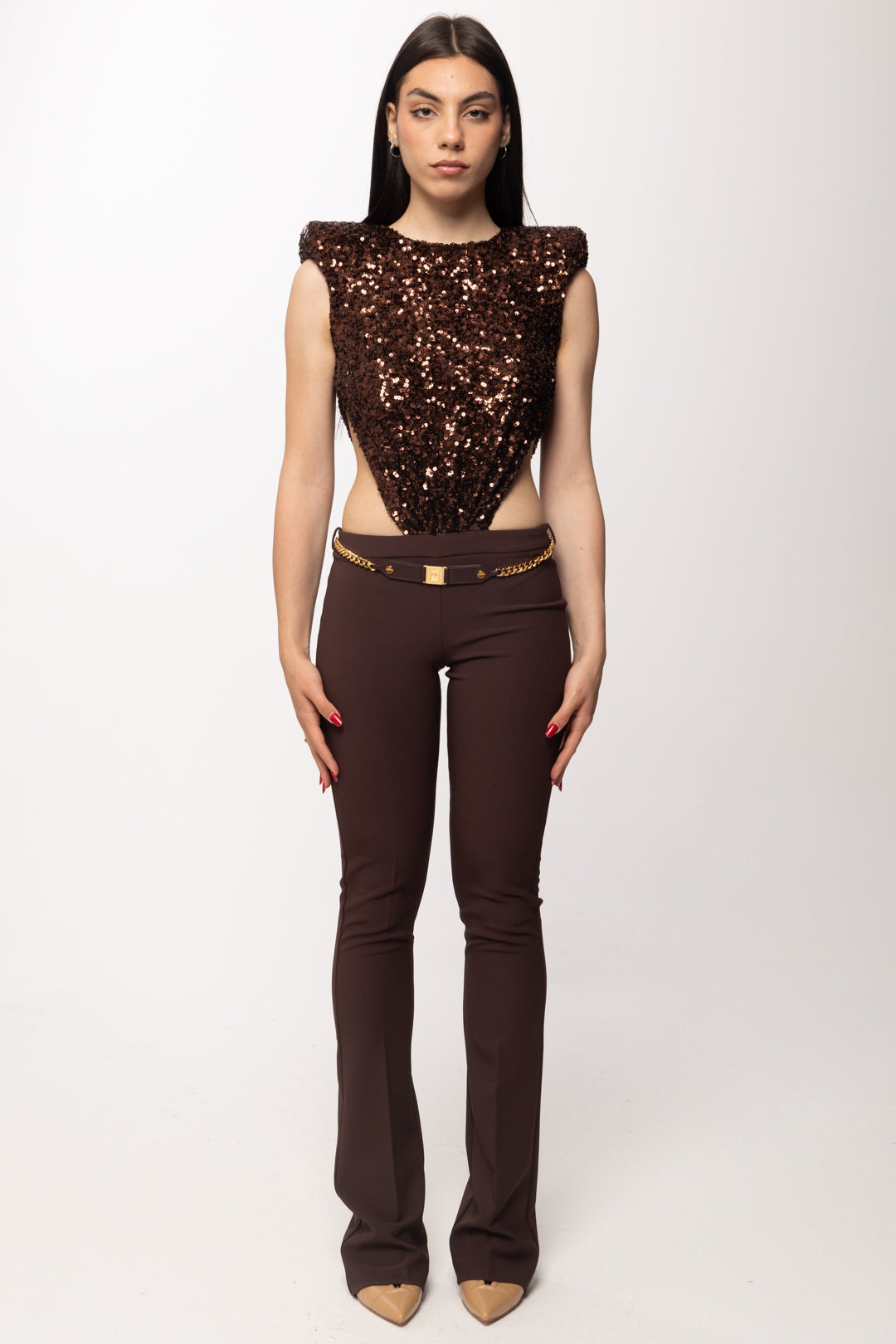 Elisabetta Franchi Tuta con Body Paillettes e Pantaloni Flare TU05861E2 CACAO