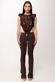 Elisabetta Franchi Tuta con Body Paillettes e Pantaloni Flare TU05861E2 CACAO