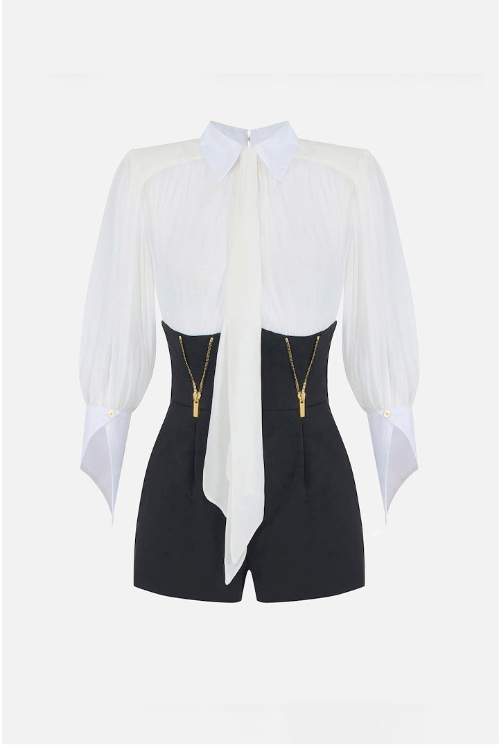 Elisabetta Franchi Tuta Corta con Camicia In Georgette e Shorts TU06566E2 AVORIO/NERO
