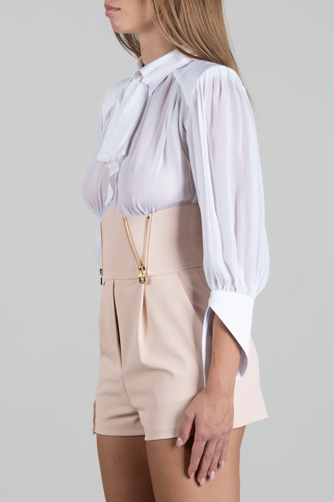Elisabetta Franchi Tuta Corta con Camicia In Georgette e Shorts TU06566E2 AVORIO/NUDE