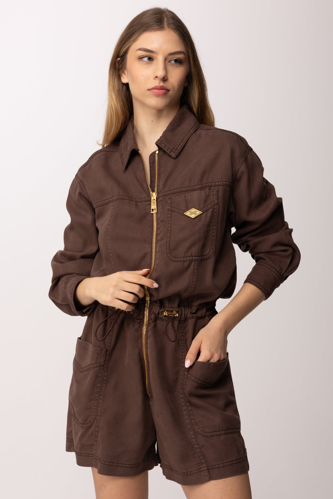 Elisabetta Franchi Tuta Corta In Jeans TJ47N61E2 CACAO