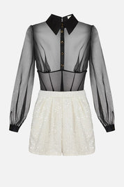 Elisabetta Franchi Tuta Corta In Organza e Tweed Bouclé TU06462E2 NERO/AVORIO