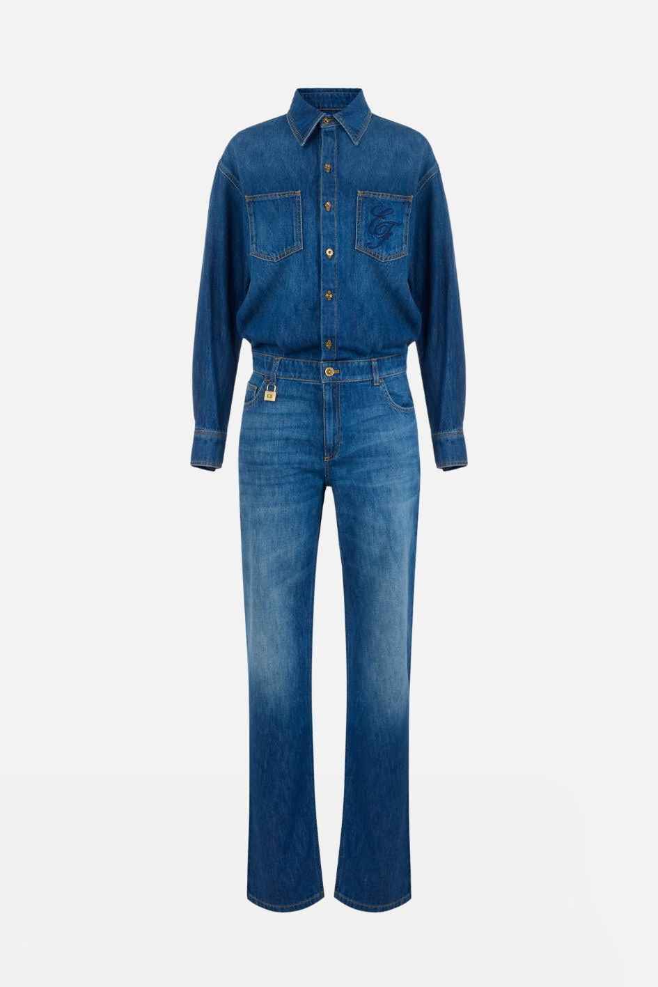 Elisabetta Franchi Tuta In Denim con Lucchetto Gioiello TJ01D66E2 BLUE VINTAGE