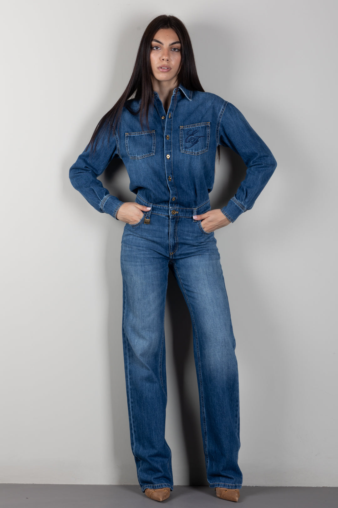 Elisabetta Franchi Tuta In Denim con Lucchetto Gioiello TJ01D66E2 BLUE VINTAGE