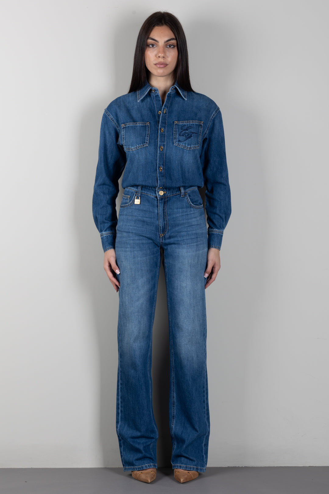Elisabetta Franchi Tuta In Denim con Lucchetto Gioiello TJ01D66E2 BLUE VINTAGE