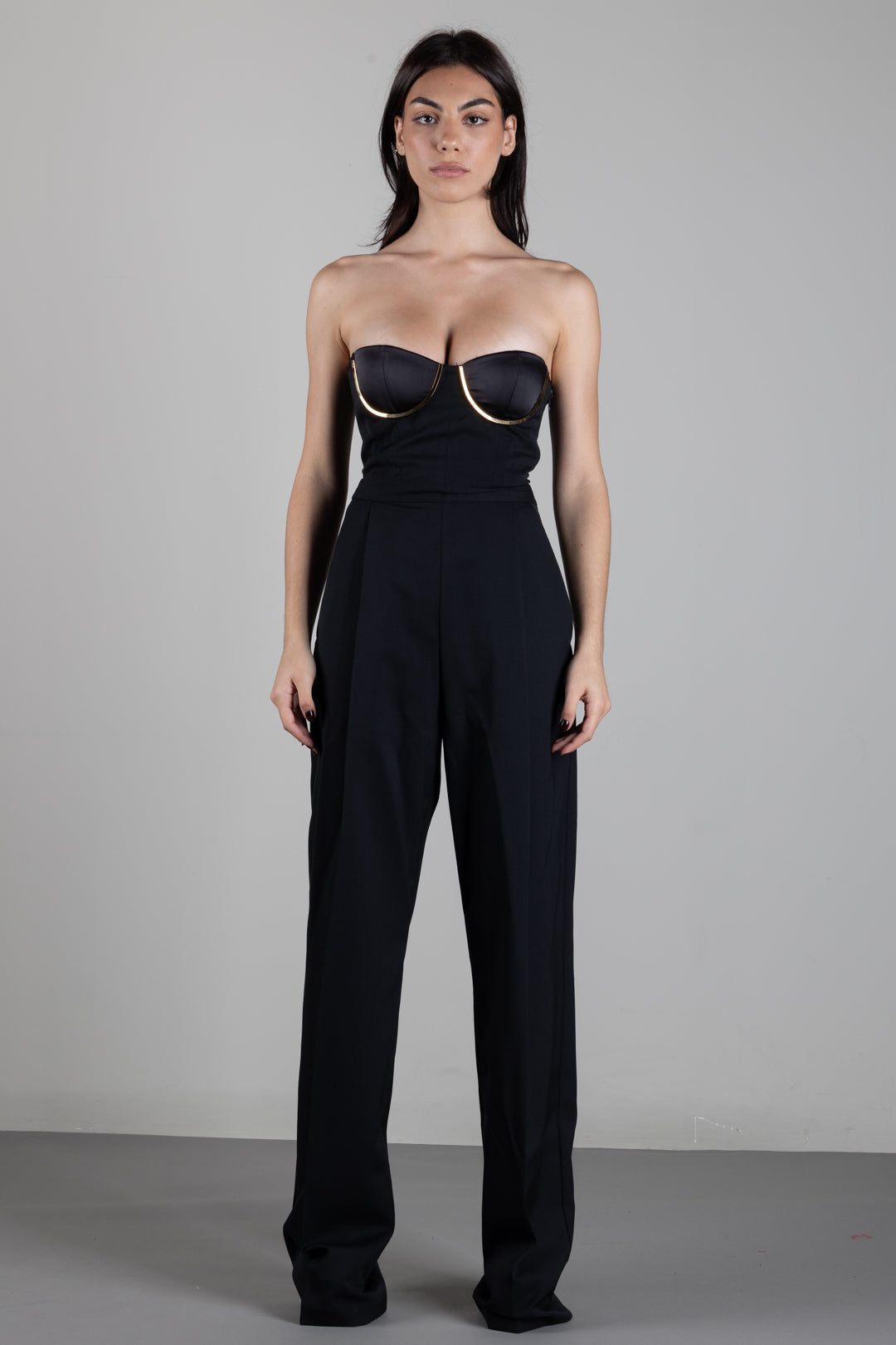 Elisabetta Franchi Tuta In Gabardina con Coppe Gioielloe e Bustier TU07567E2 NERO