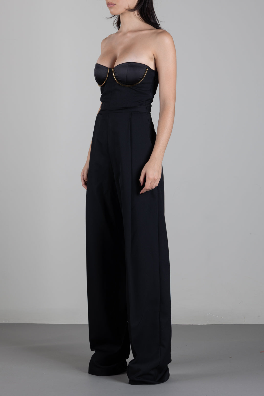 Elisabetta Franchi Tuta In Gabardina con Coppe Gioielloe e Bustier TU07567E2 NERO