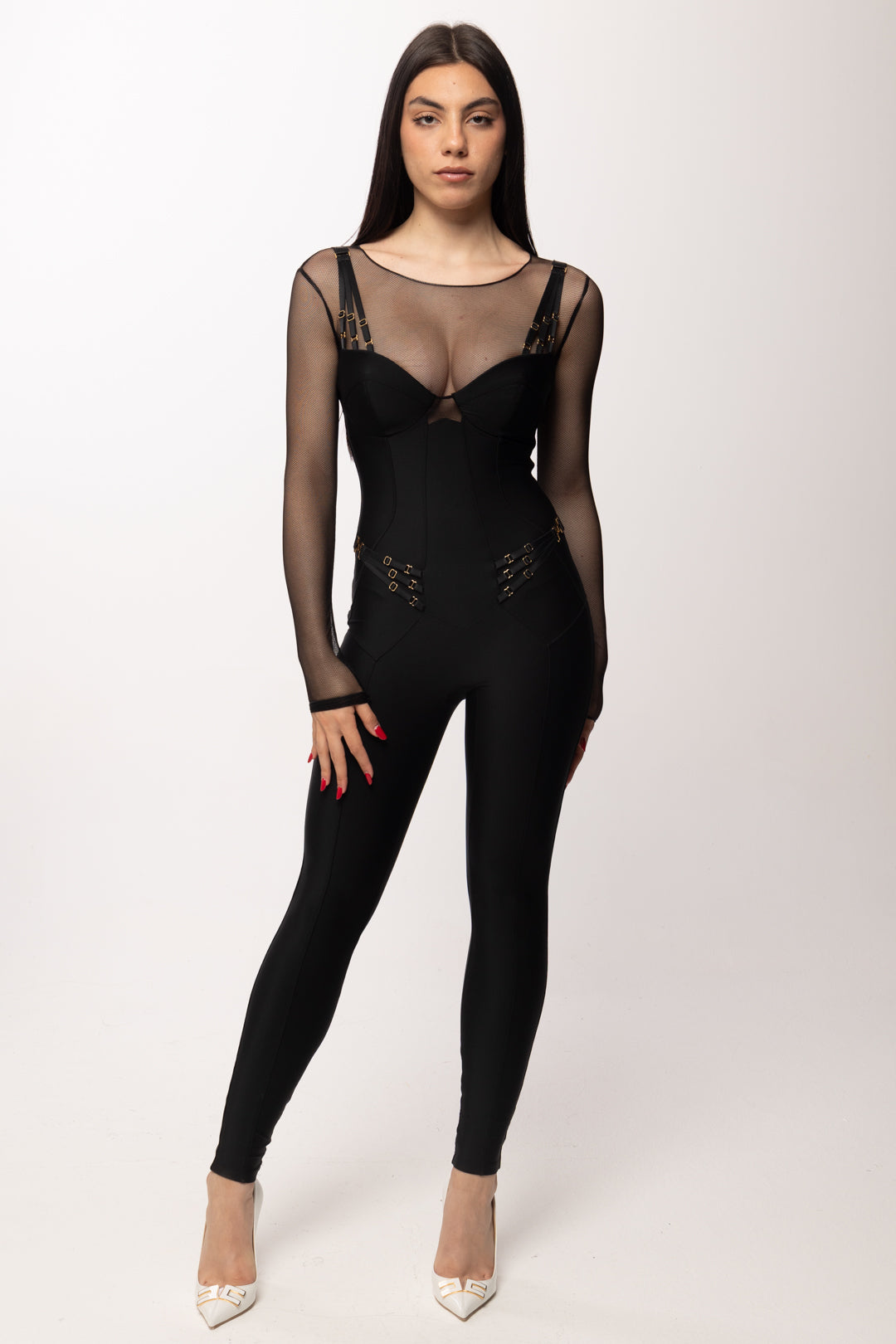 Elisabetta Franchi Tuta In Jersey e Tulle con Elastici TU05661E2 NERO