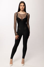 Elisabetta Franchi Tuta In Jersey e Tulle con Elastici TU05661E2 NERO