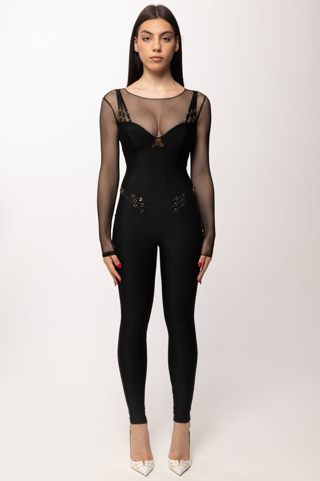 Elisabetta Franchi Tuta In Jersey e Tulle con Elastici TU05661E2 NERO