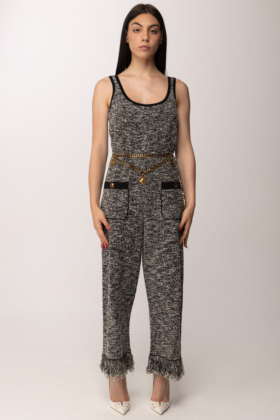 Elisabetta Franchi Tuta In Maglia Bouclé con Cintura KT70R62E2 SALEPEPE/NERO