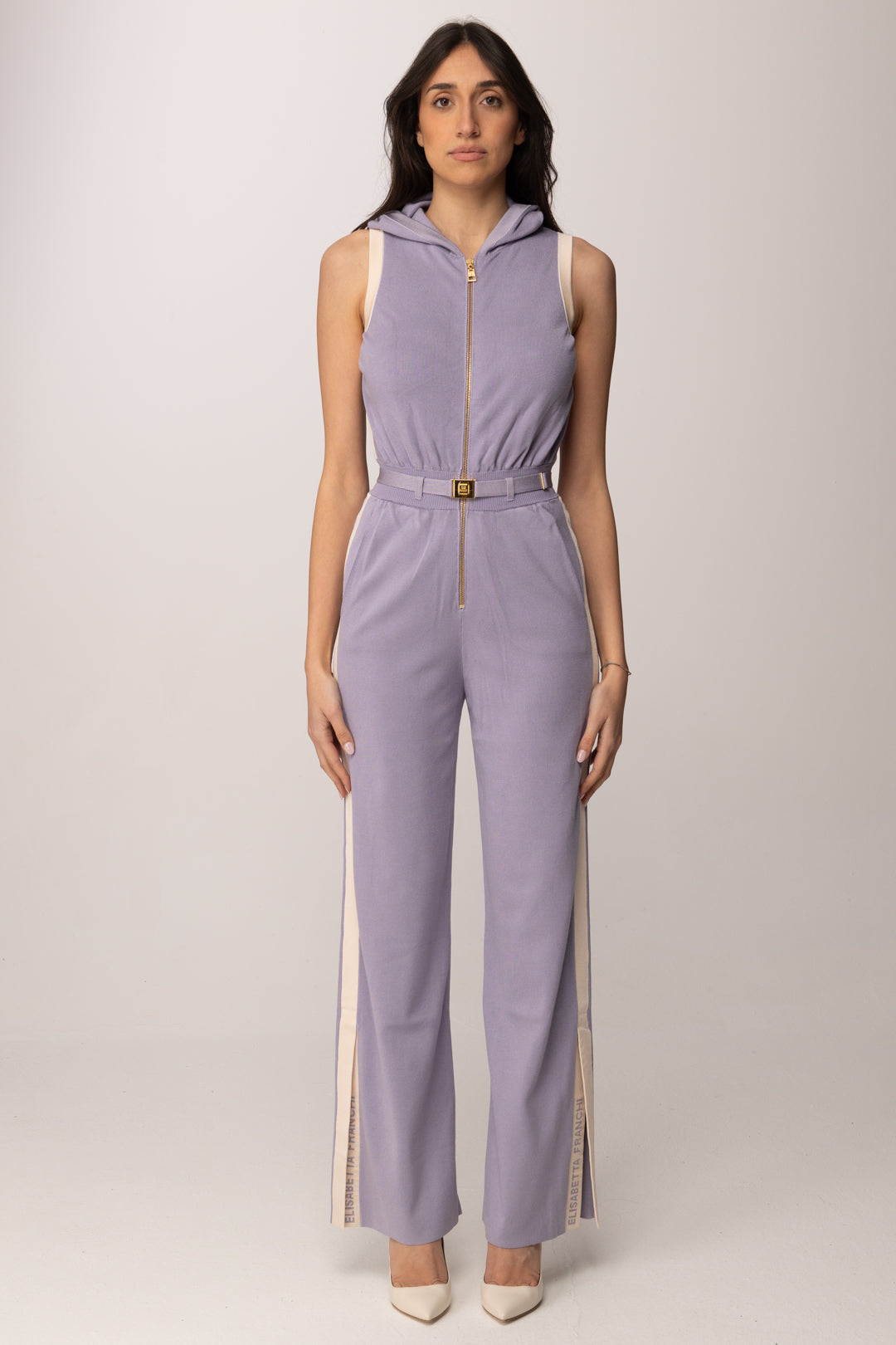 Elisabetta Franchi Tuta In Maglia con Bande Laterali e Cintura LILLA/BURRO