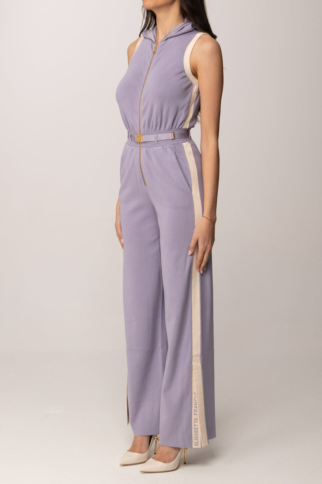 Elisabetta Franchi Tuta In Maglia con Bande Laterali e Cintura LILLA/BURRO