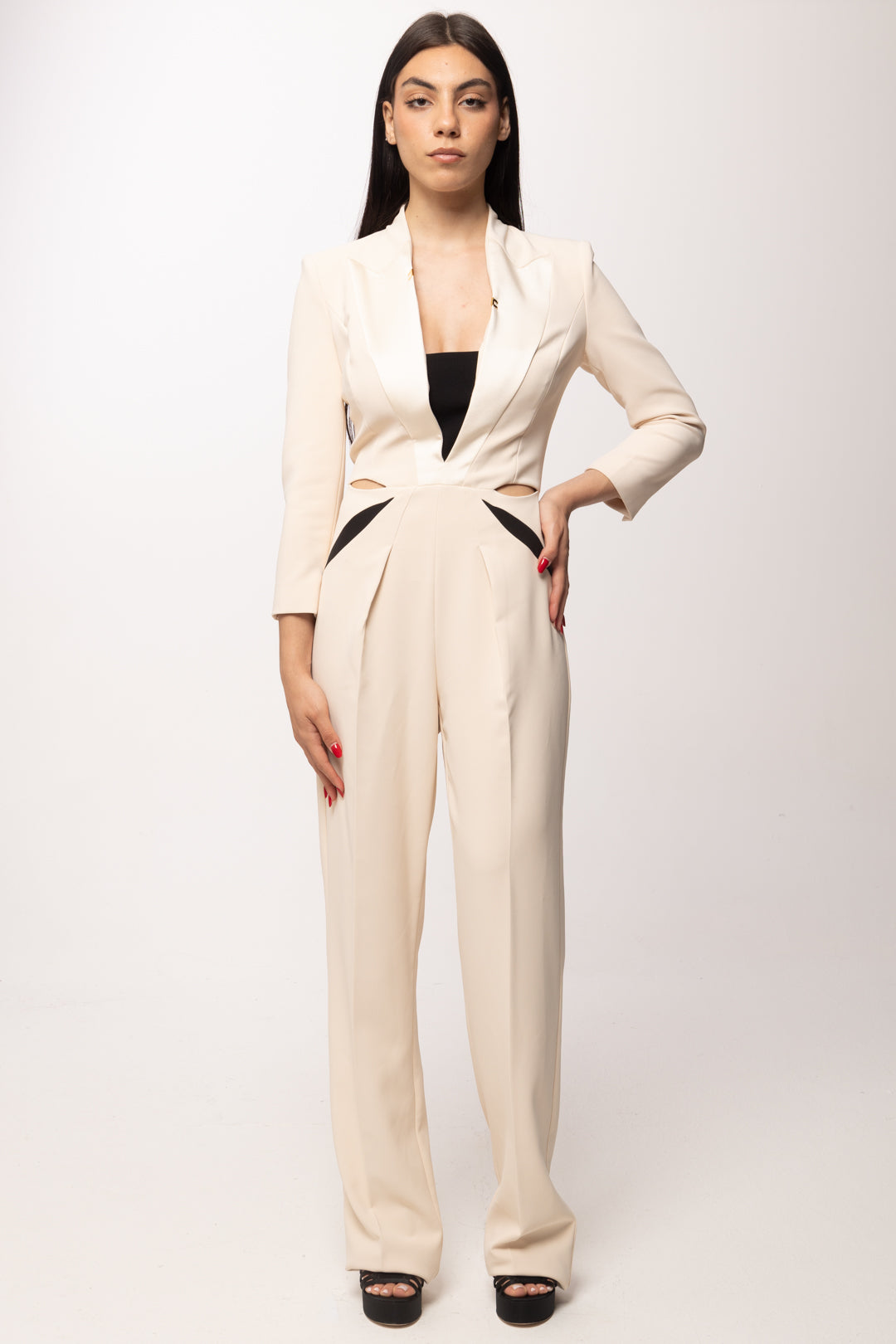 Elisabetta Franchi Tuta Lunga con Inserti In Raso e Cut-out TU05761E2 BURRO/NERO