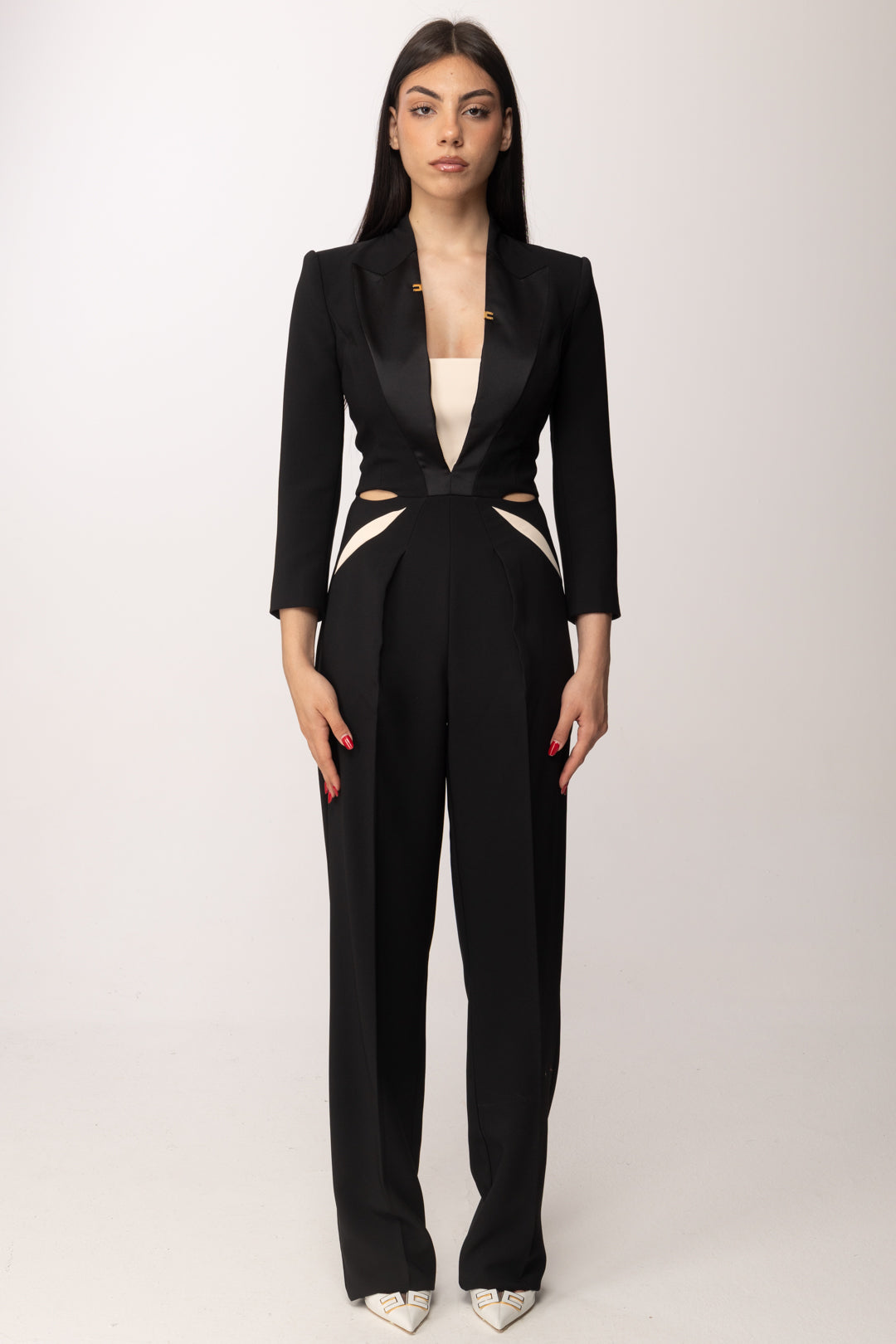 Elisabetta Franchi Tuta Lunga con Inserti In Raso e Cut-out TU05761E2 NERO/BURRO