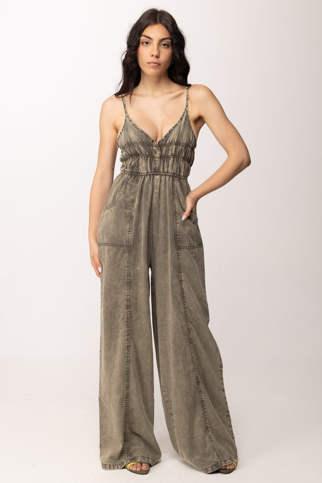 Khloe Femme Tuta Lunga In Jeans Effetto Delavé HL1418 MILITARE