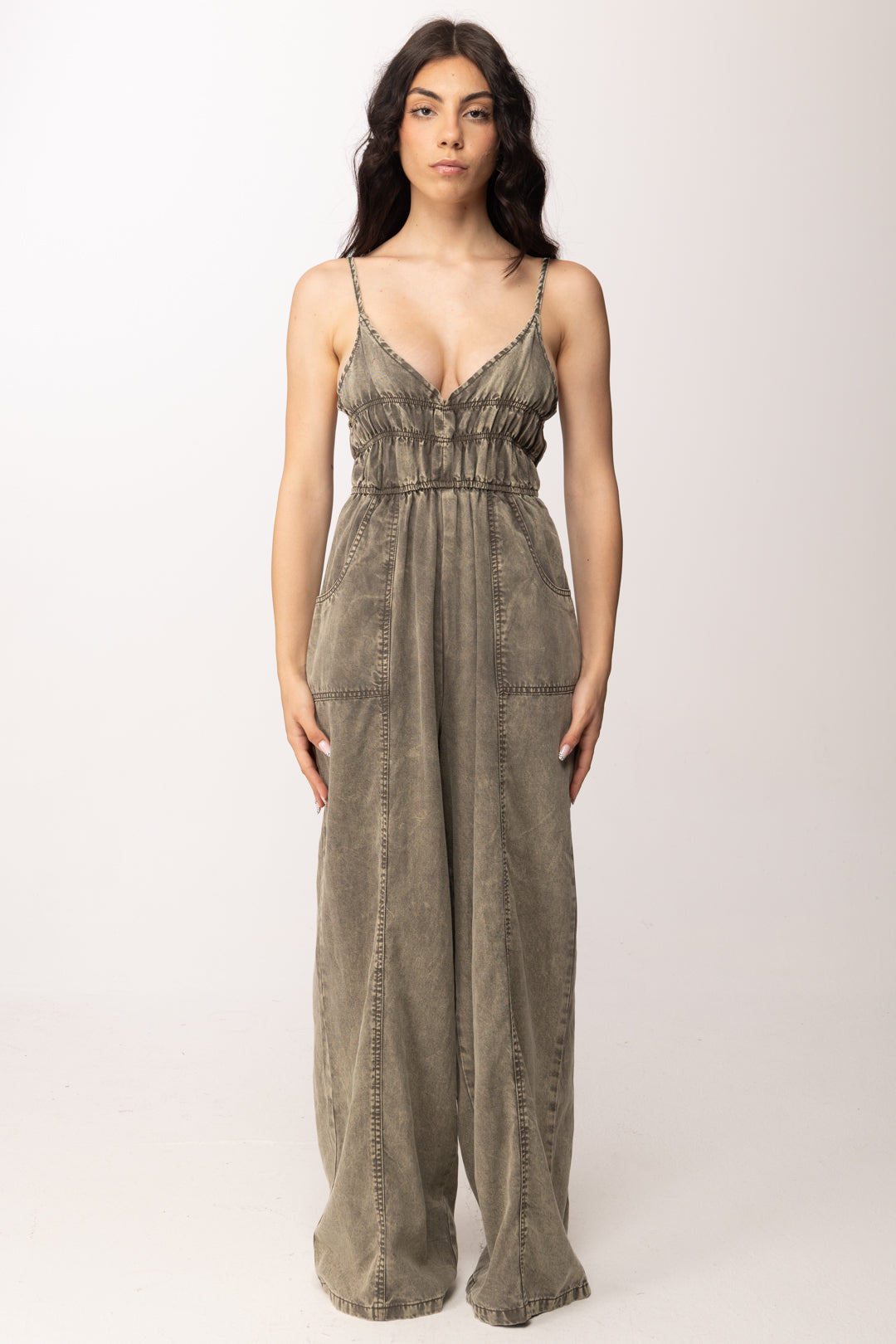 Khloe Femme Tuta Lunga In Jeans Effetto Delavé HL1418 MILITARE