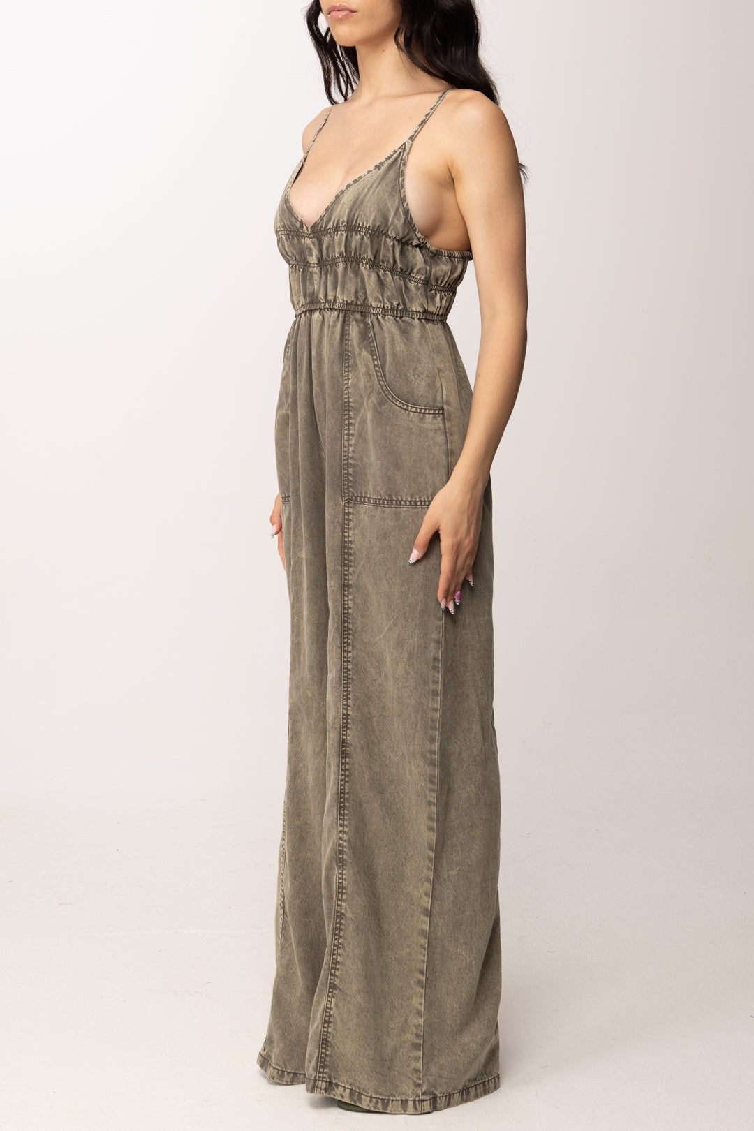 Khloe Femme Tuta Lunga In Jeans Effetto Delavé HL1418 MILITARE