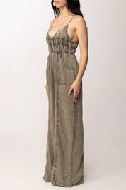 Khloe Femme Tuta Lunga In Jeans Effetto Delavé HL1418 MILITARE