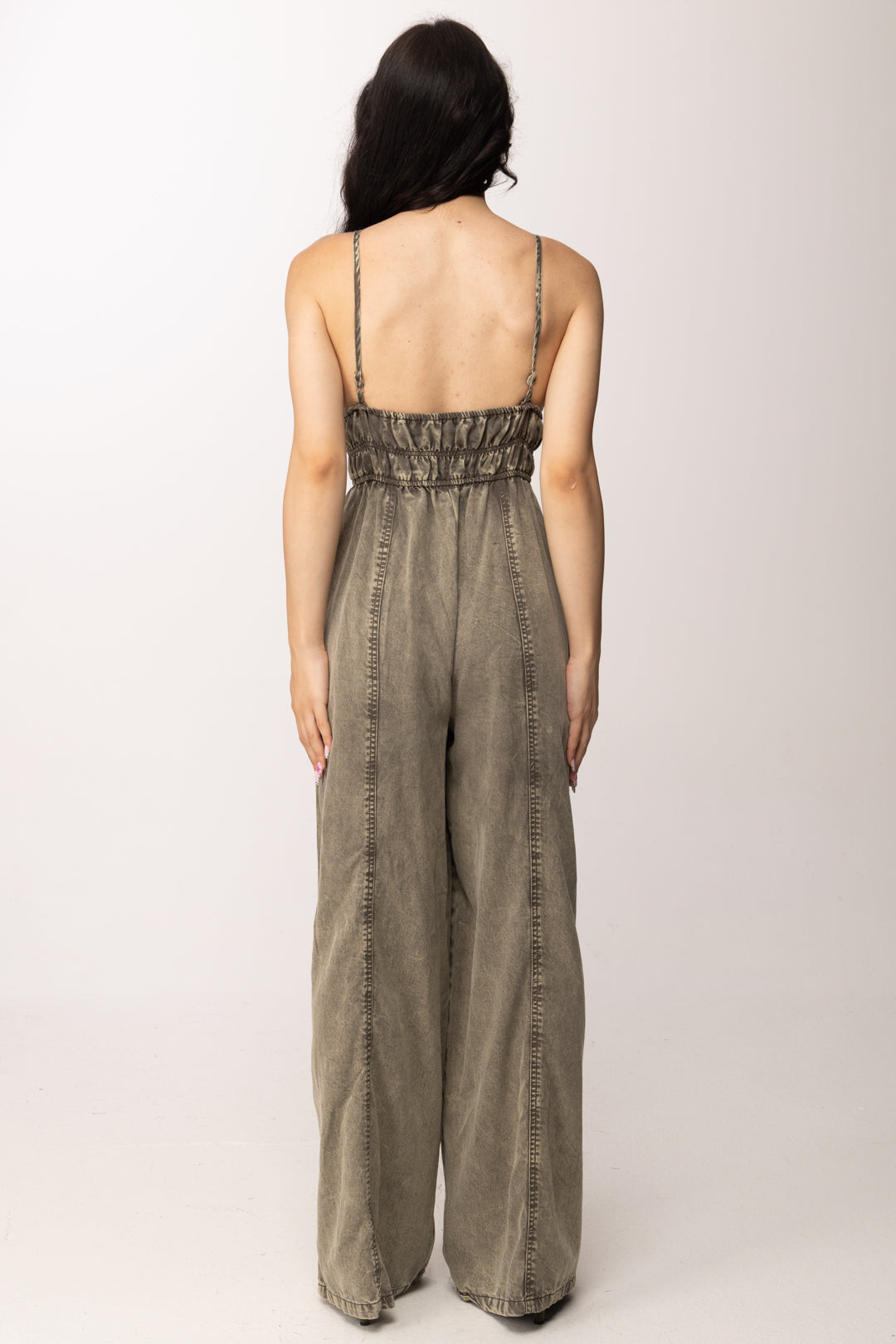 Khloe Femme Tuta Lunga In Jeans Effetto Delavé HL1418 MILITARE