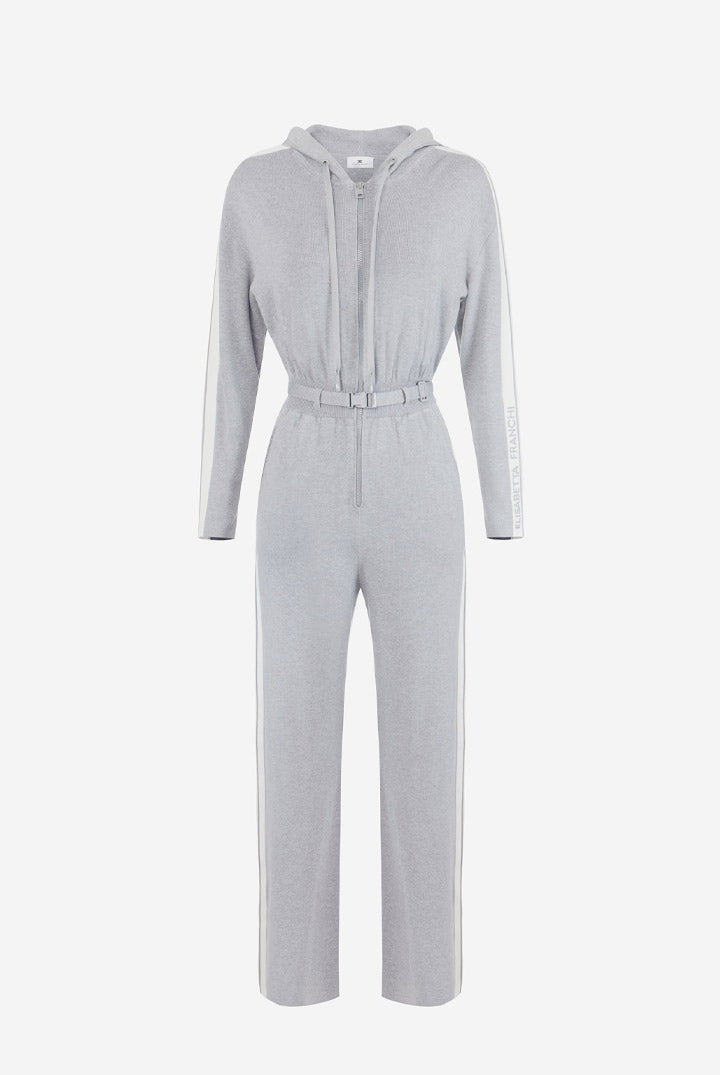Elisabetta Franchi Tuta Lunga In Maglia Bicolore con Cappuccio e Cintura KT71S66E2 GRIGIO MELANGE/AVORI