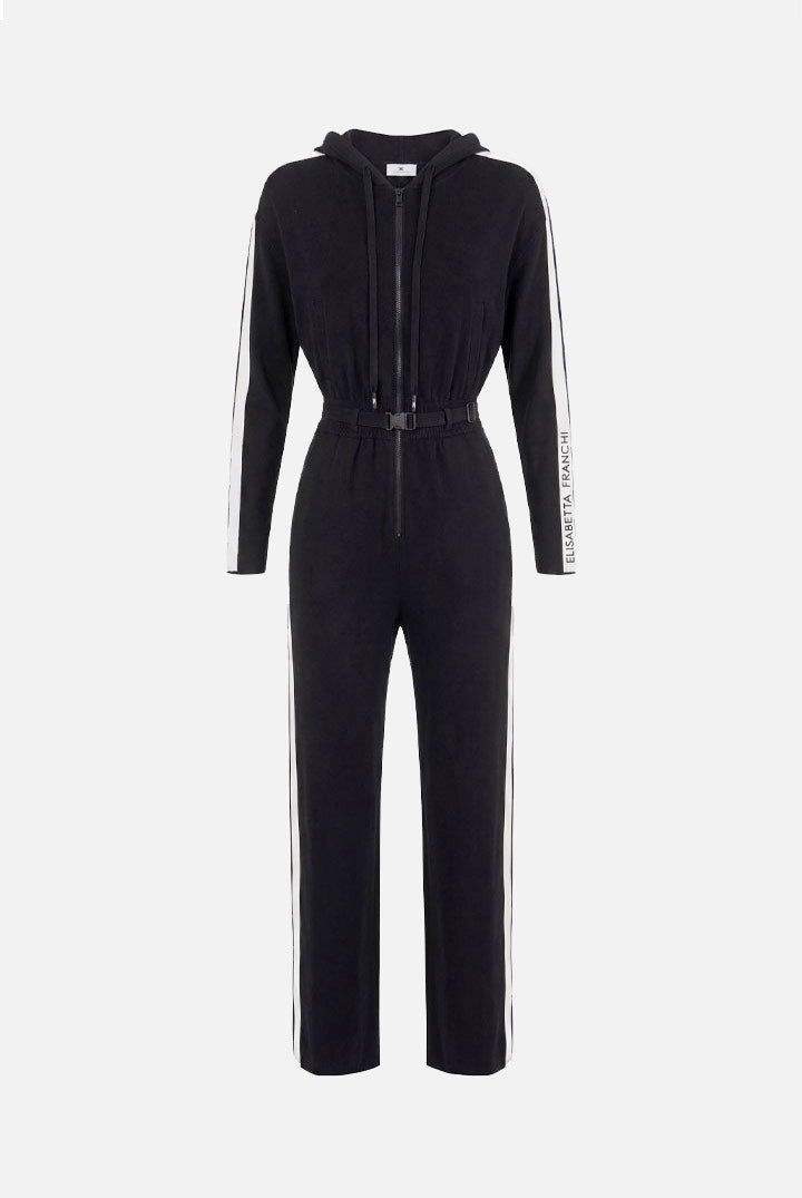 Elisabetta Franchi Tuta Lunga In Maglia Bicolore con Cappuccio e Cintura KT71S66E2 NERO/BURRO