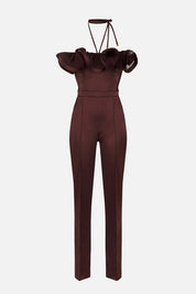 Elisabetta Franchi Tuta Lunga In Raso con Maxi Ruche TU06562E2 CACAO