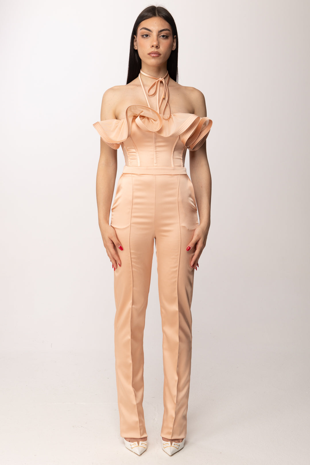 Elisabetta Franchi Tuta Lunga In Raso con Maxi Ruche TU06562E2 NUDE