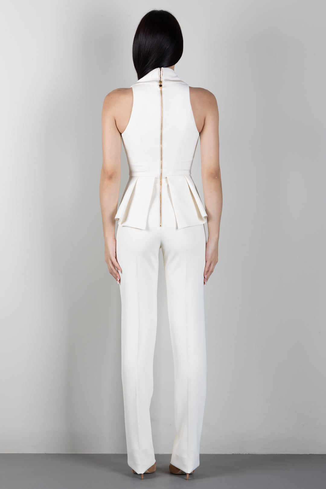 Elisabetta Franchi Tuta Smanicata con Baschina e Rever In Raso TU06666E2 BURRO