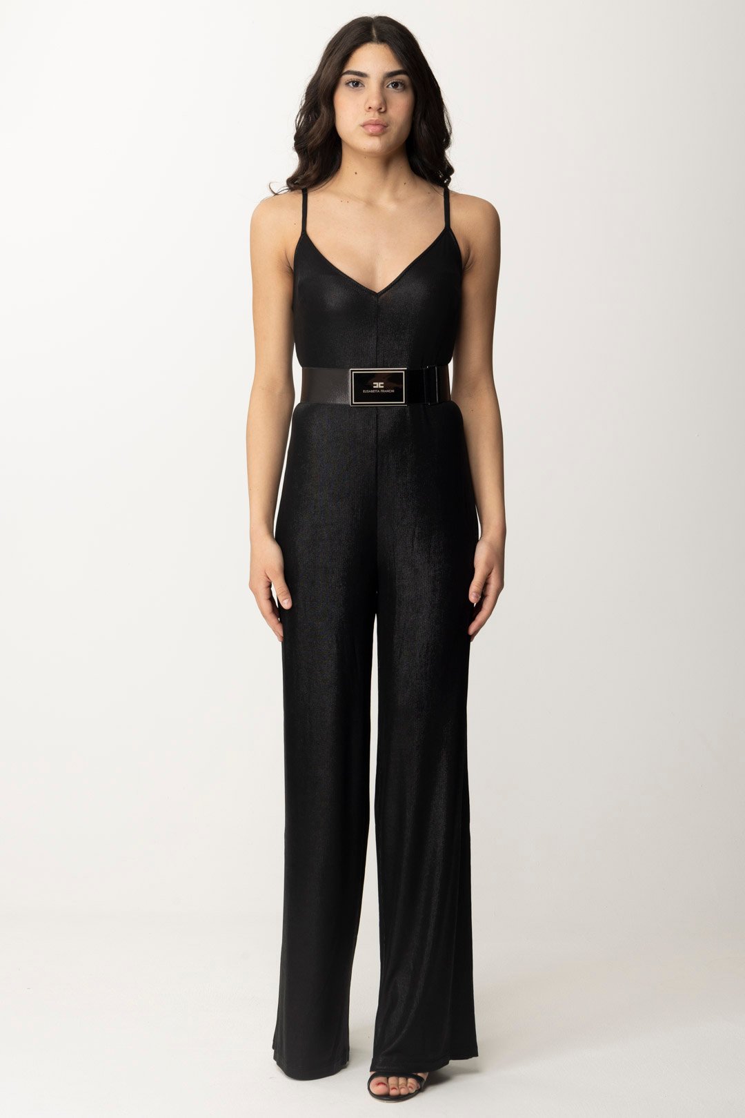 Preview: Elisabetta Franchi Laminated ribbed viscose jumpsuit with belt Nero