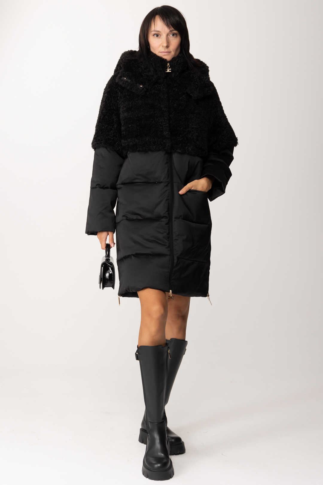 Preview: Elisabetta Franchi Coat with zip and faux fur Nero