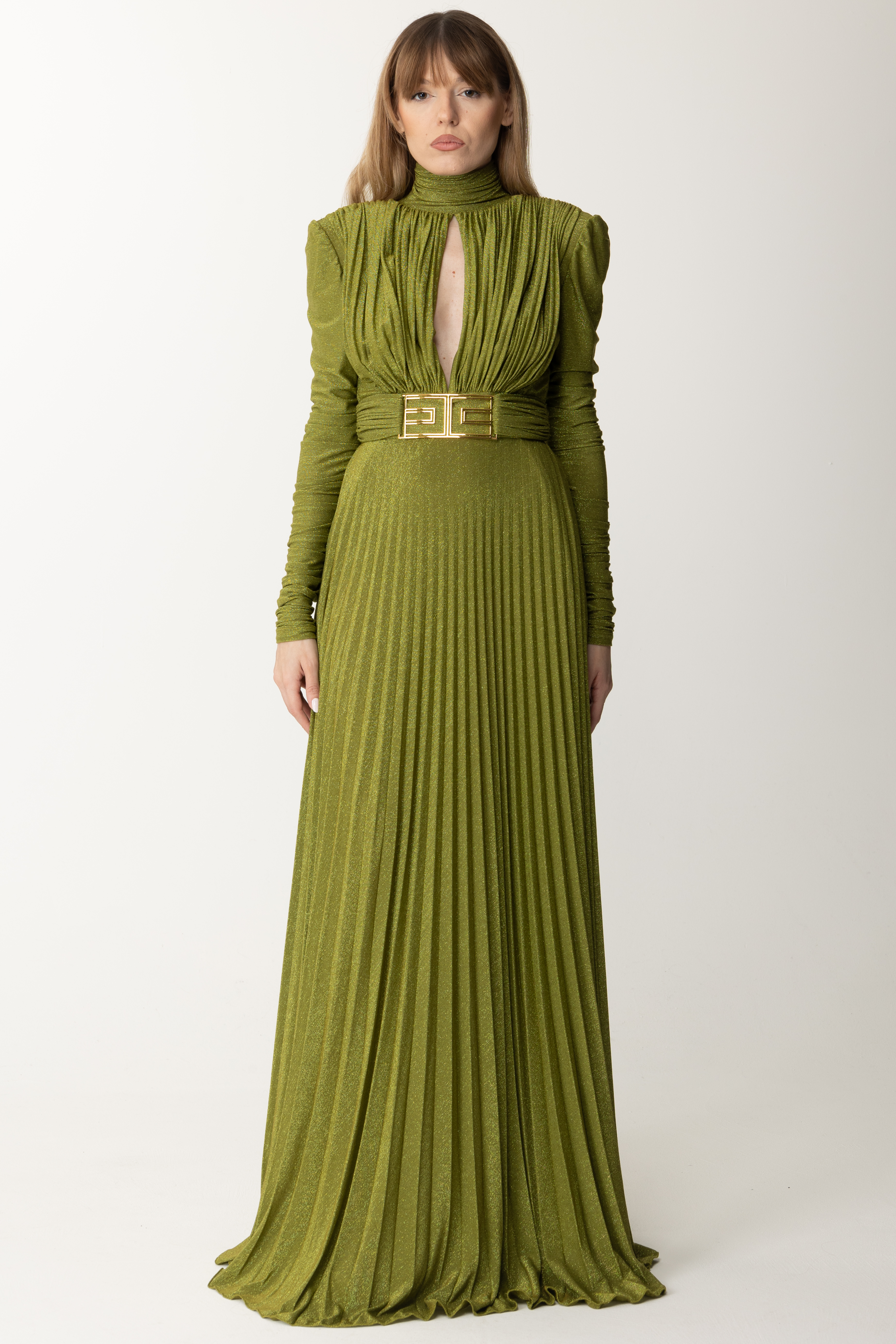 Preview: Elisabetta Franchi Red carpet dress in pleated lurex jersey OLIVE OIL