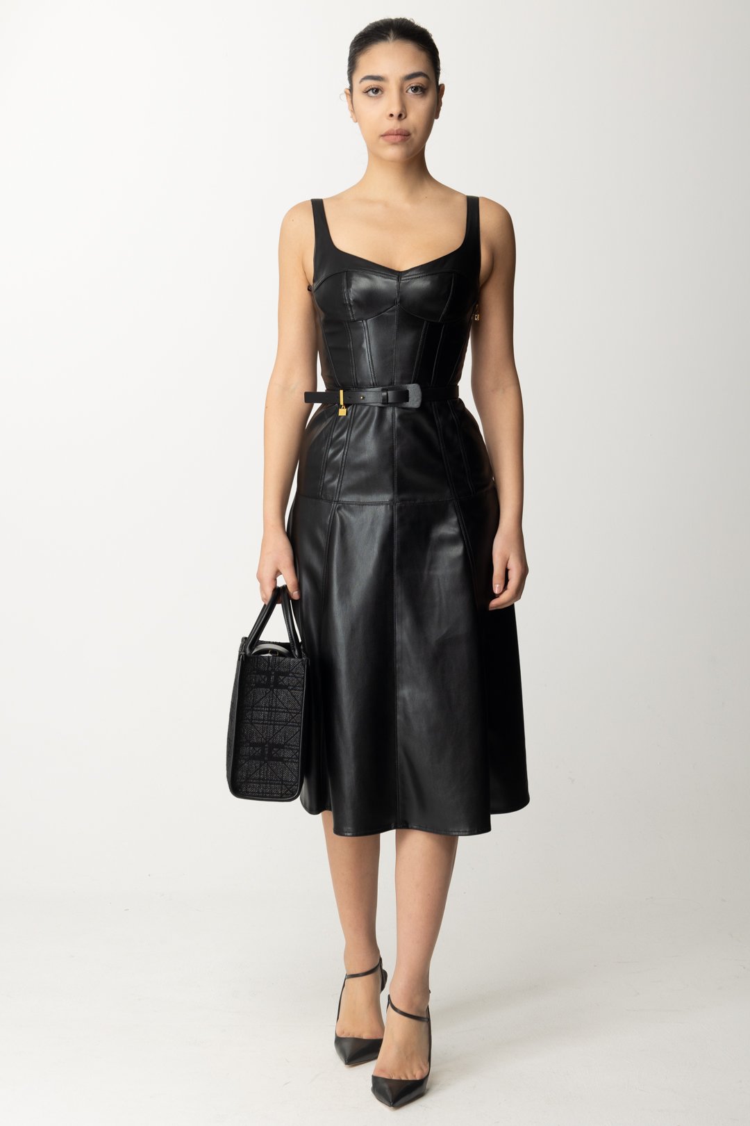 Preview: Elisabetta Franchi Leather effect dress with gold charm and belt Nero