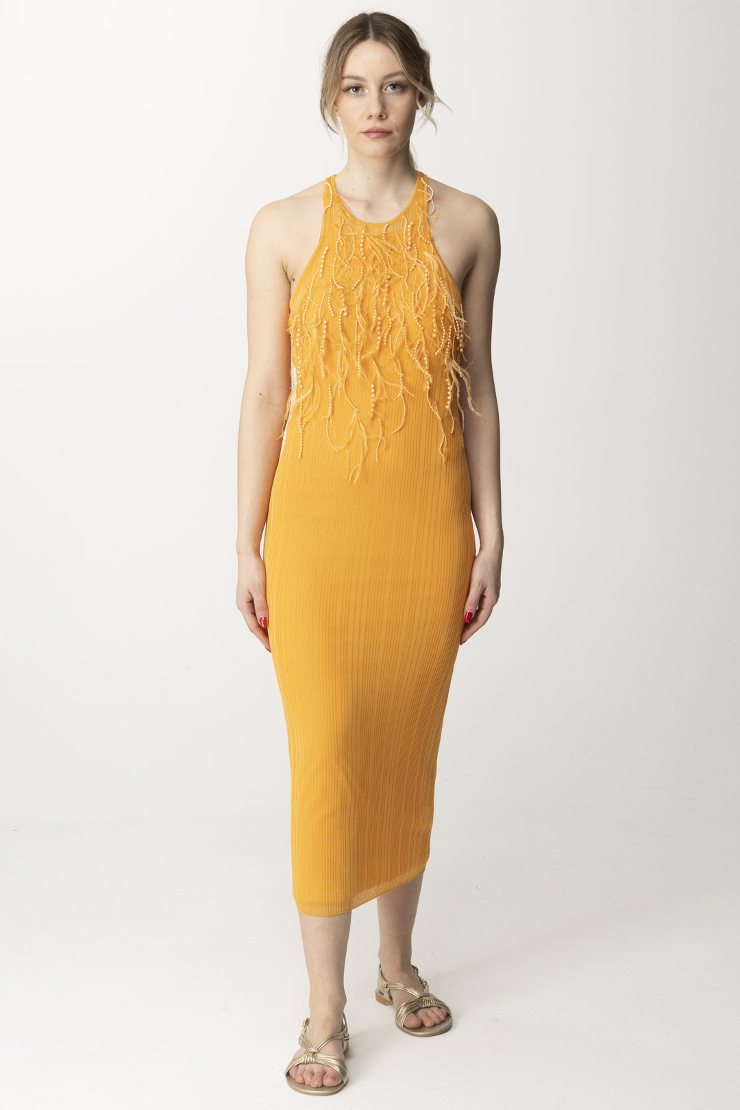 Preview: Patrizia Pepe Midi dress with beads and feathers Orange Sorbet