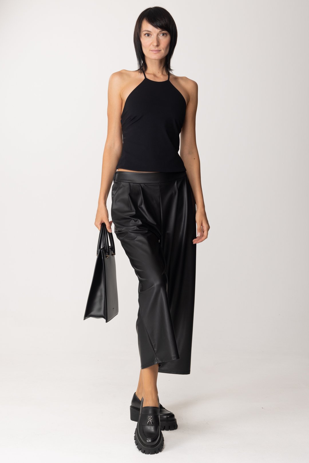 Preview: Patrizia Pepe Leather effect crop trousers Nero