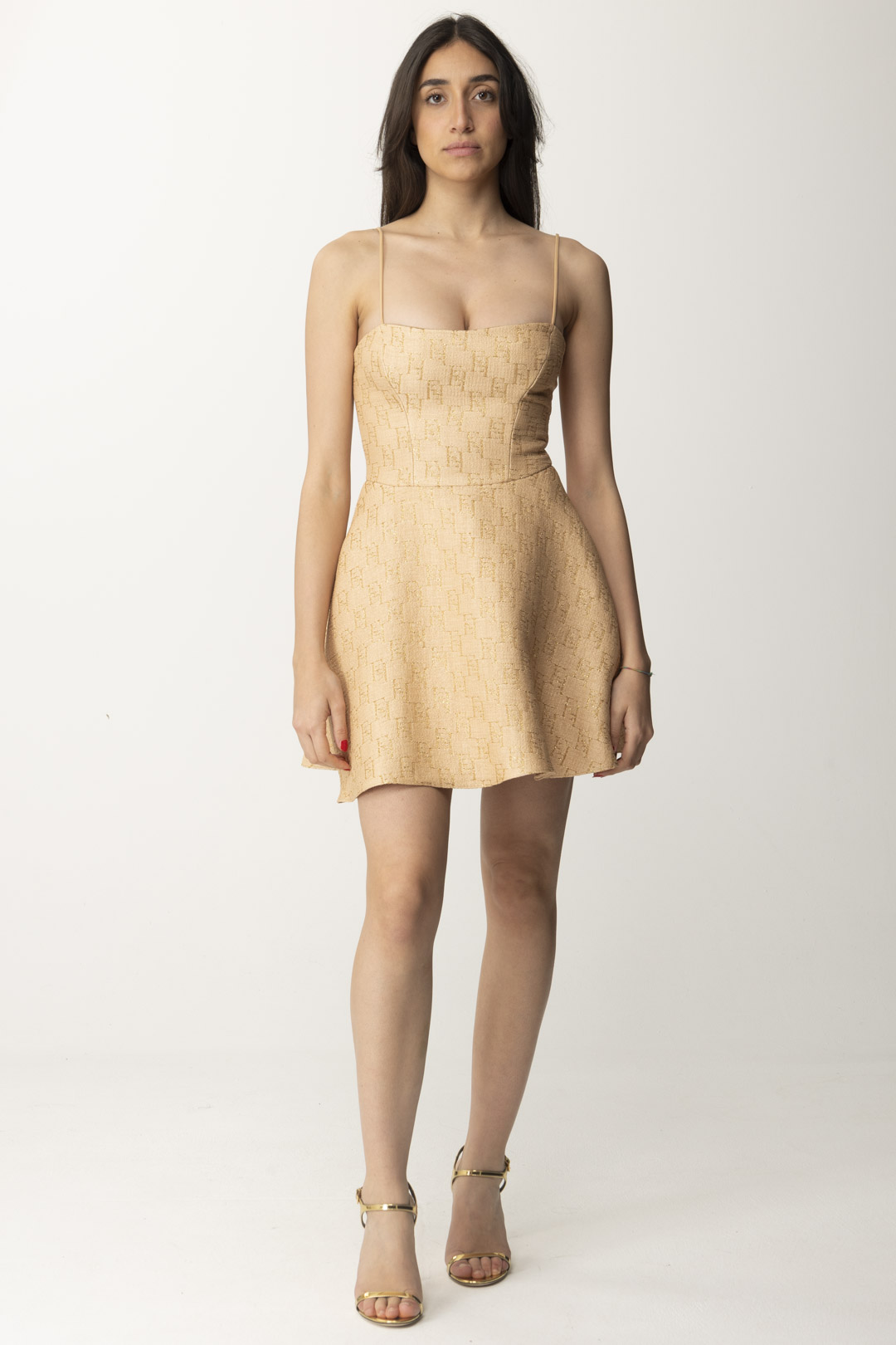 Anteprima: Elisabetta Franchi Mini abito in rafia stampa logo PAGLIA/ORO