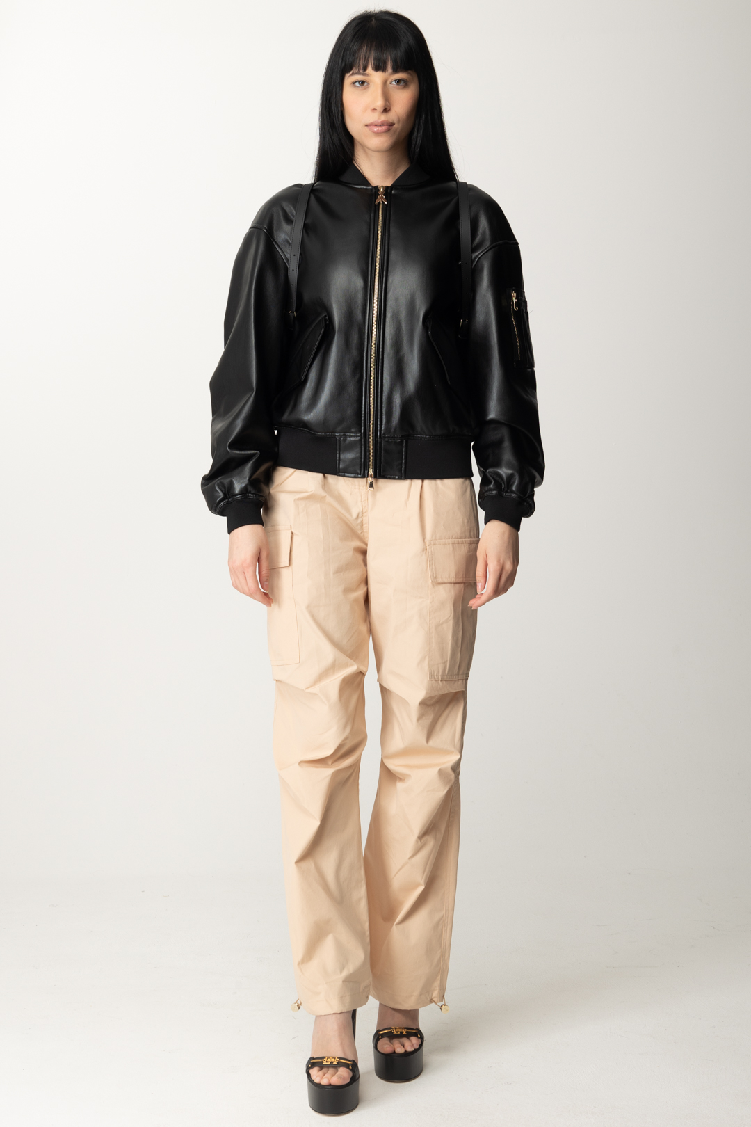 Preview: Patrizia Pepe Leather bomber jacket with fabric inserts Nero