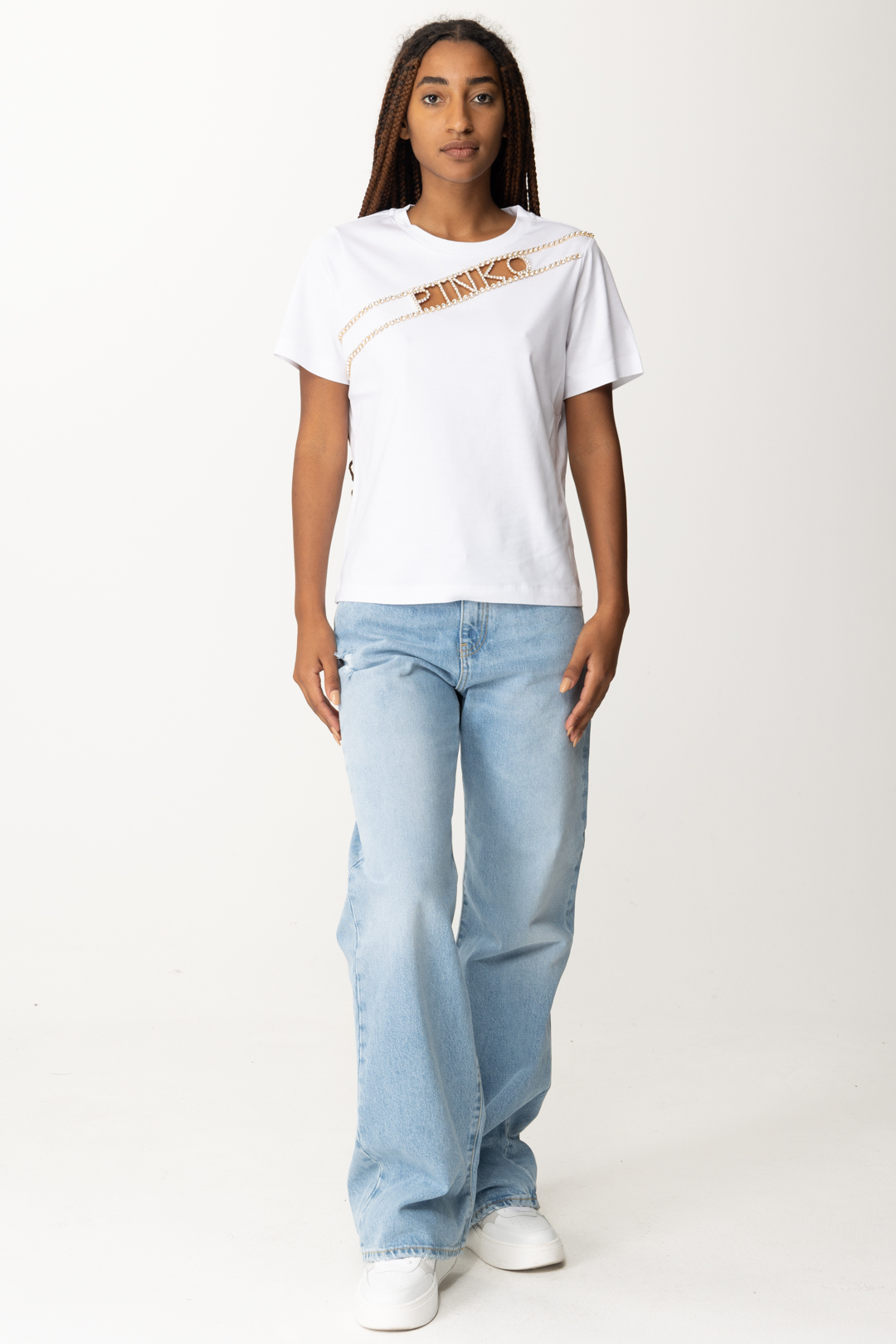 Preview: Pinko T-shirt with Front Opening and Rhinestone Logo BIANCO BRILL