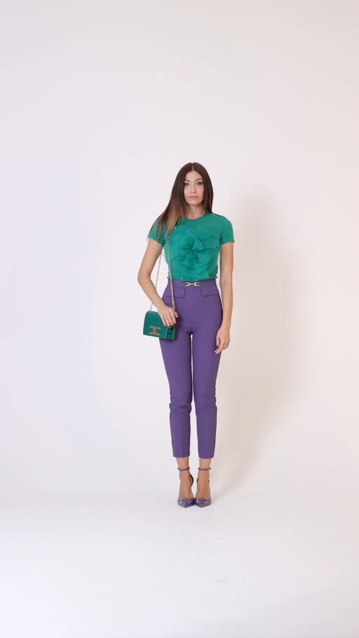 Preview: Elisabetta Franchi T-shirt with organza maxi-flower Smeraldo