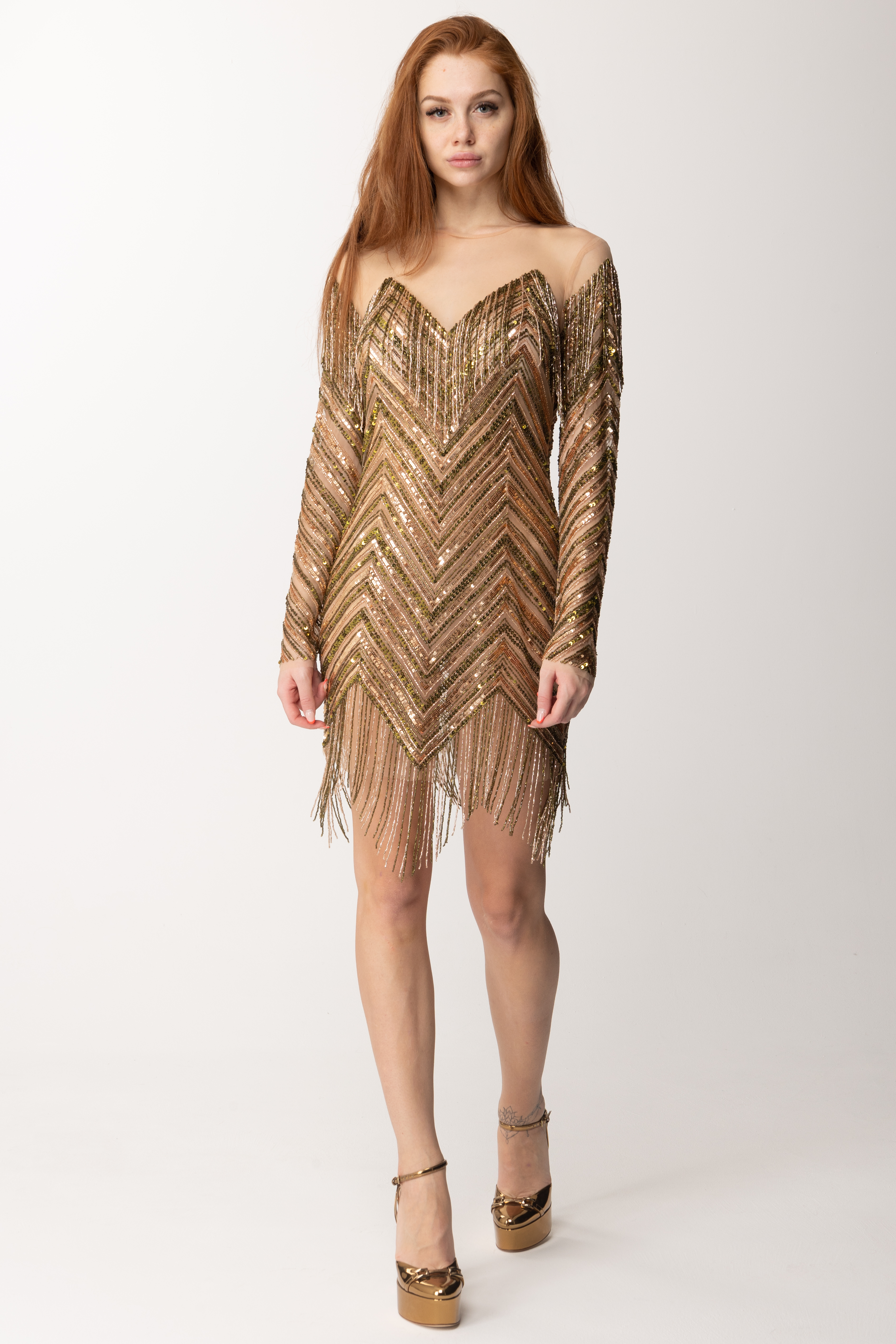 Preview: Elisabetta Franchi Embroidered tulle mini dress with fringes OLIVE OIL/GOLD