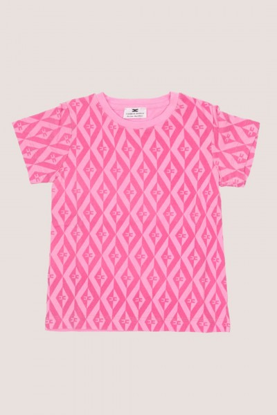 ELISABETTA FRANCHI BAMBINA  Jersey T-shirt with diamond print and all-over logo EGTS0740JE006AC001 PINK FLUO