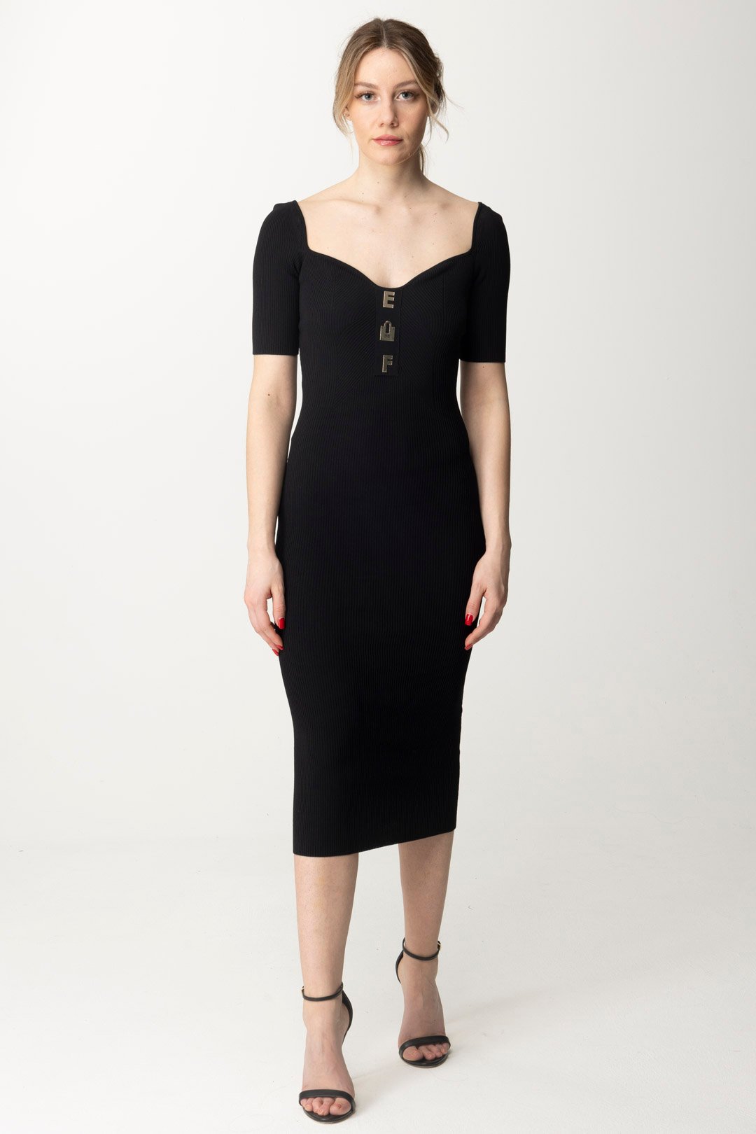 Preview: Elisabetta Franchi Midi Knit Dress with Logo Applications Nero
