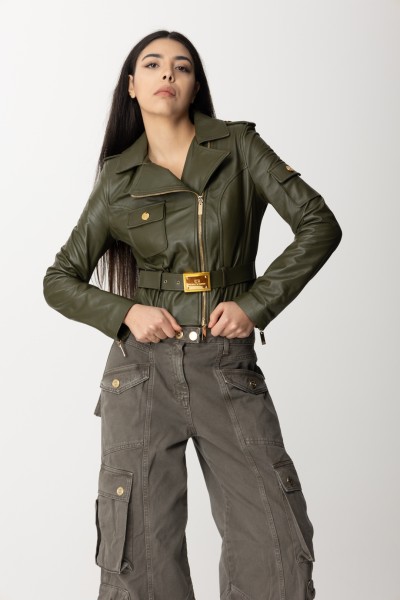 Elisabetta Franchi  Short leather jacket with belt GD30Z36E2 ARMY